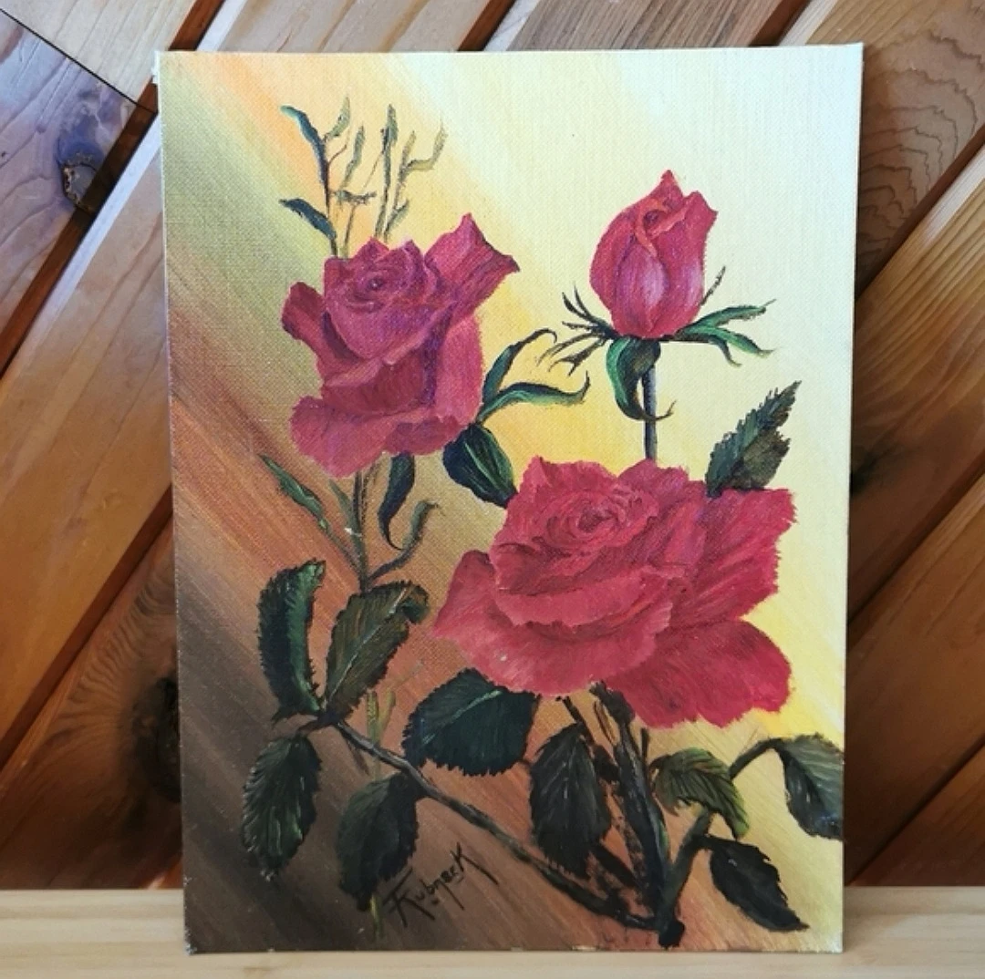 Vintage Signed Oil Painting – Red Roses - photo 2