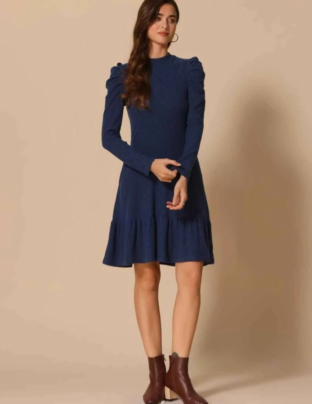 Allegra K Navy Blue Ribbed Puff Sleevve Dress 🏈