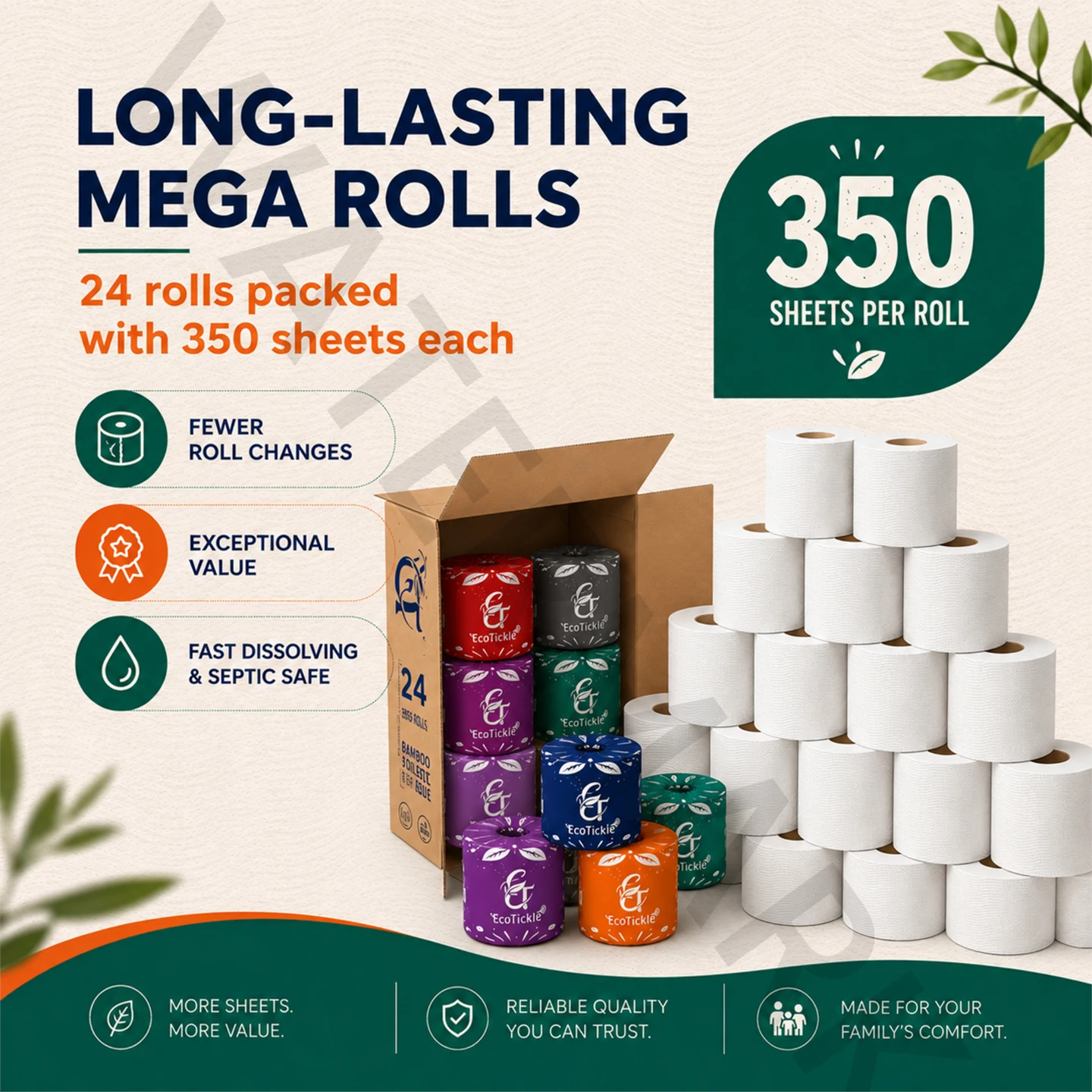 EcoTickle Bamboo Toilet Paper - 12 Mega Rolls