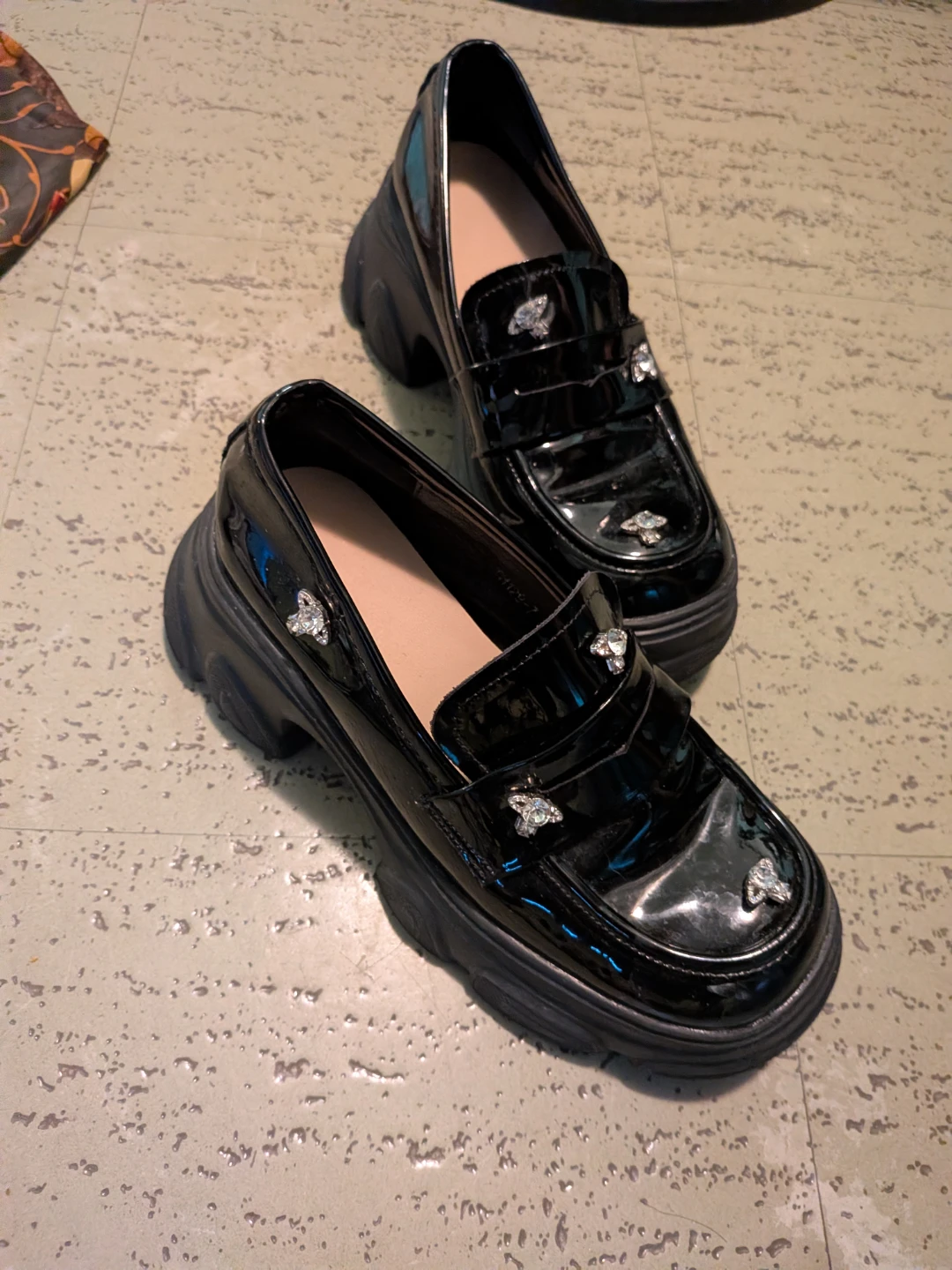 Black Patent Platform Loafers with Crystal Accents - photo 5