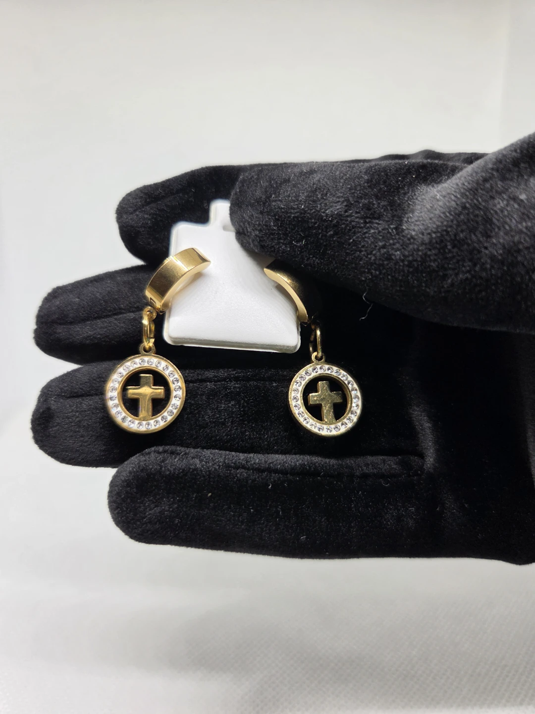 Gold Tone Cross Hoop Earrings with Rhinestones - photo 2