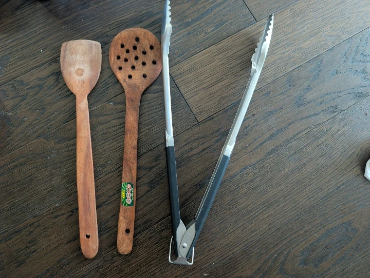 Set of Two Wooden spatula and Kitchen Tongs