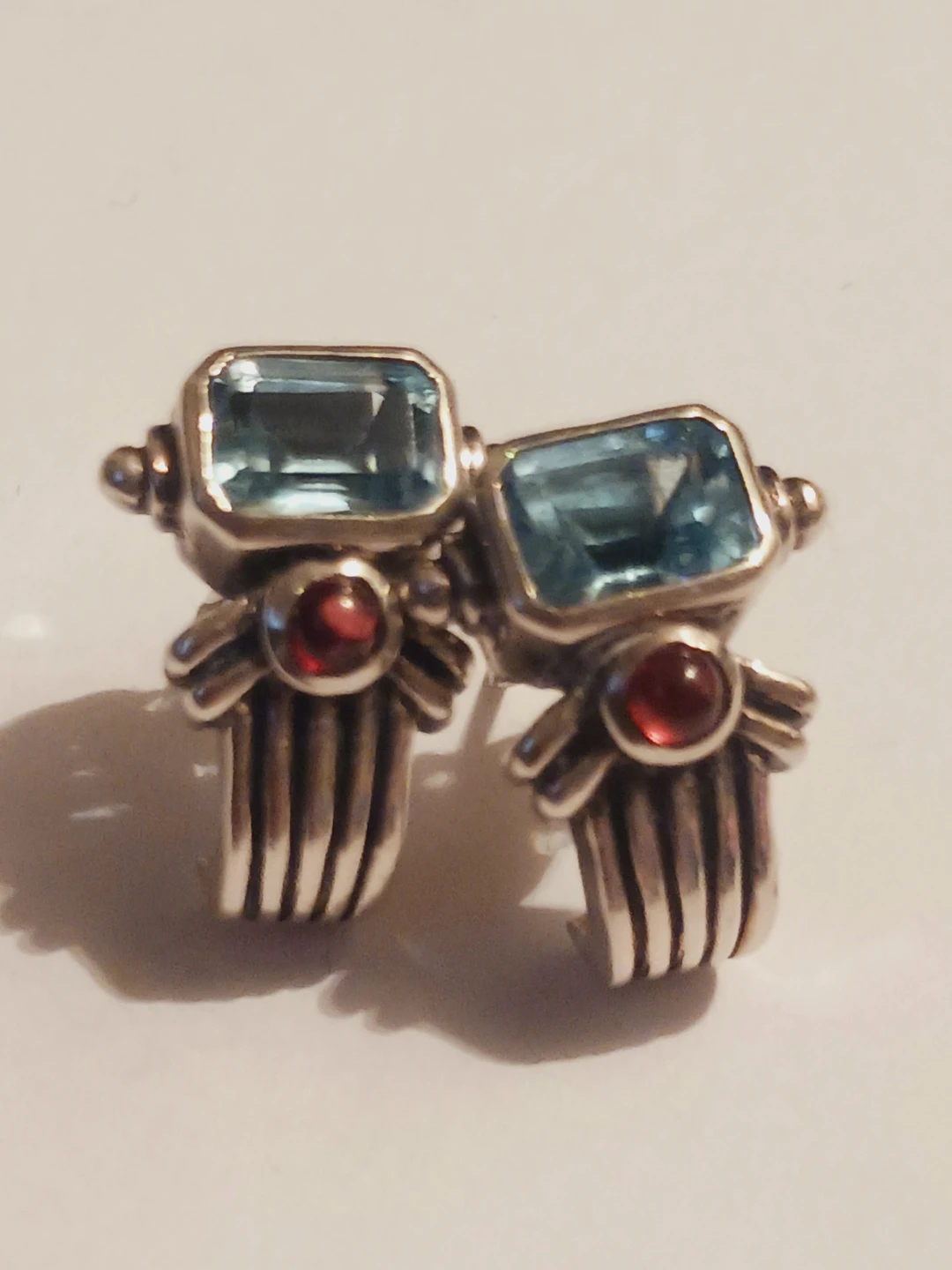 Sterling Silver 925 Blue Topaz and Garnet Gemstone Earrings - photo 2