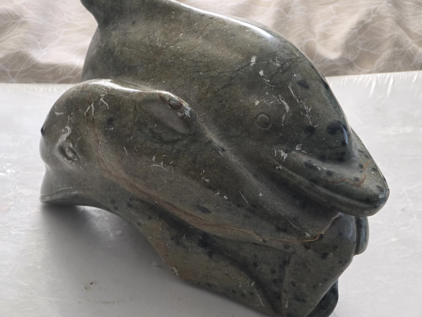 Stone Dolphins Carving signed