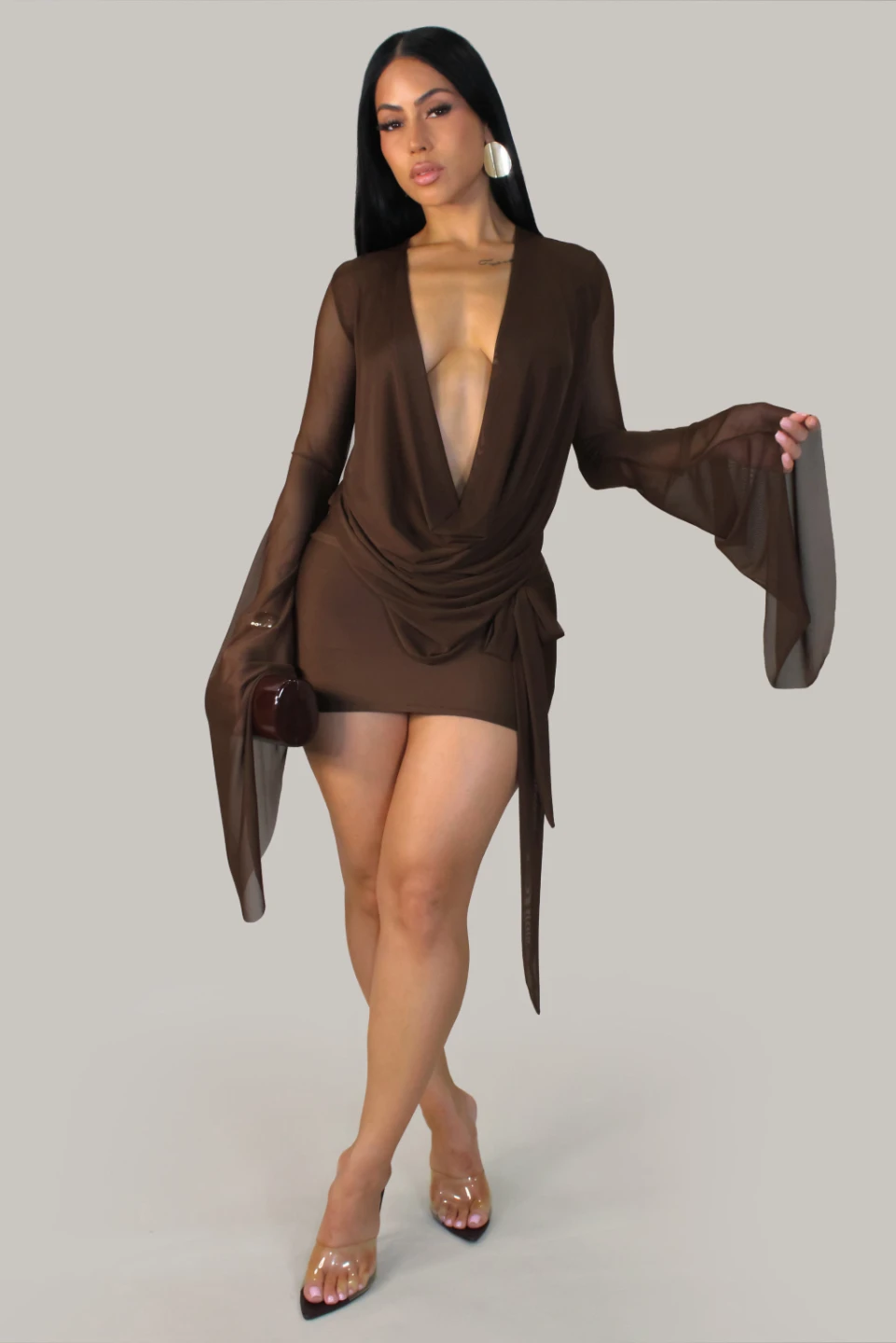 Brown Long Sleeve Mini Dress