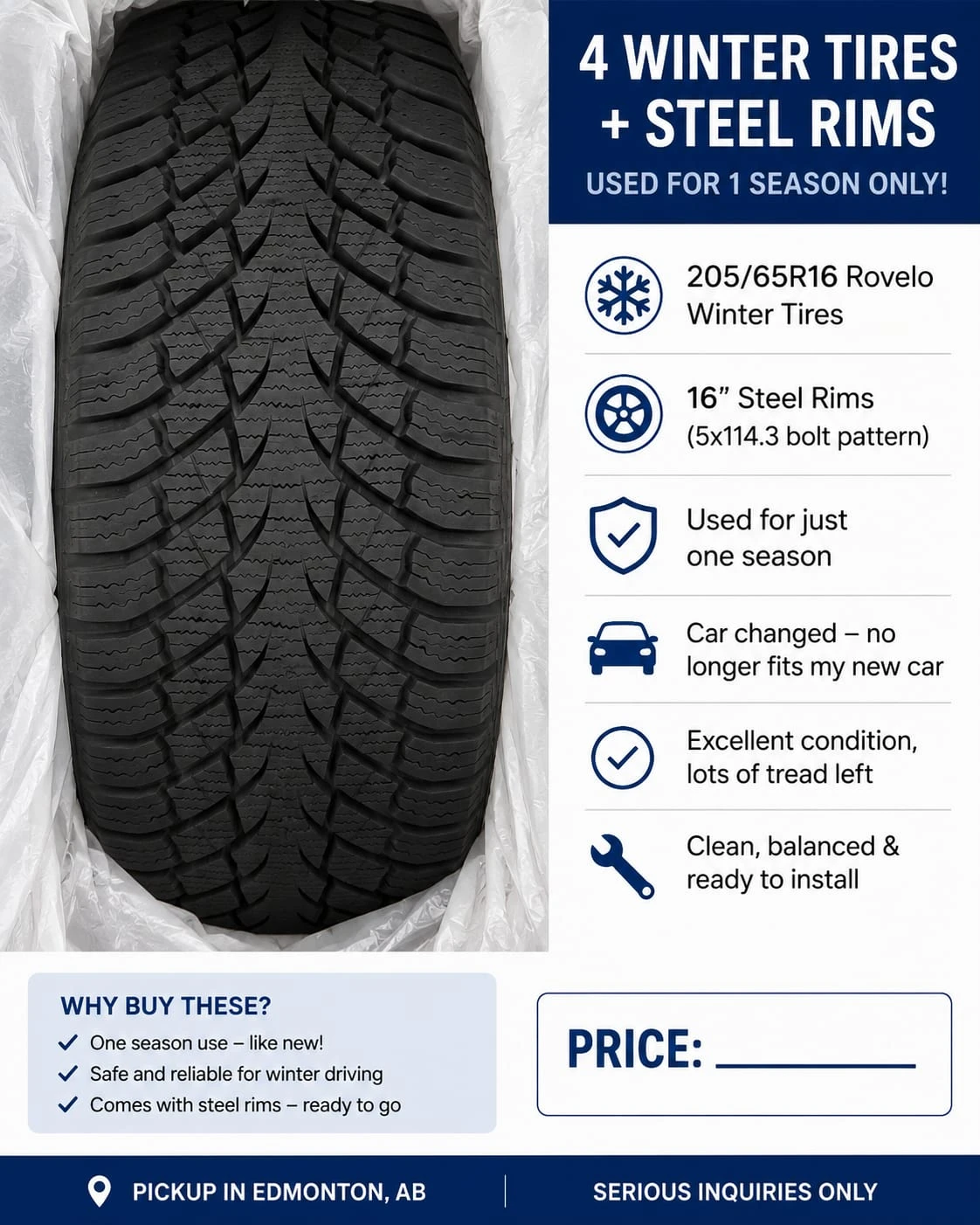 4 Rovelo Winter Tires and 16-inch Steel Rims