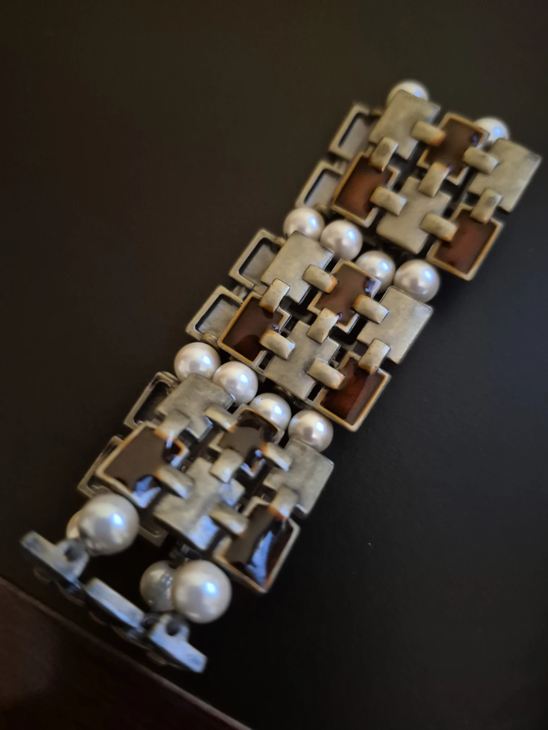 Vintage Geometric Pearl and Enamel Bracelet
