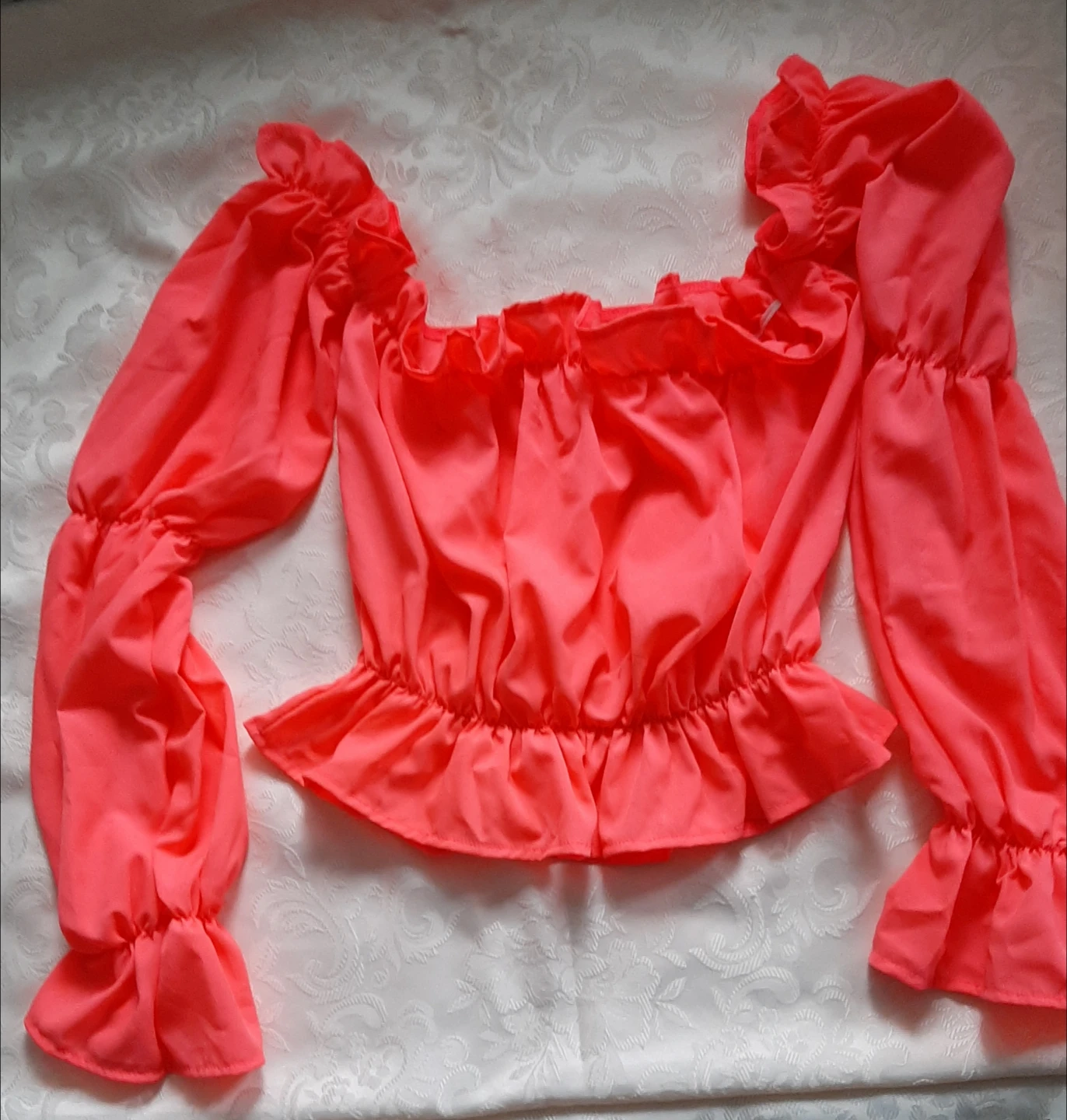 Coral Off-the-Shoulder Ruffle Crop Top