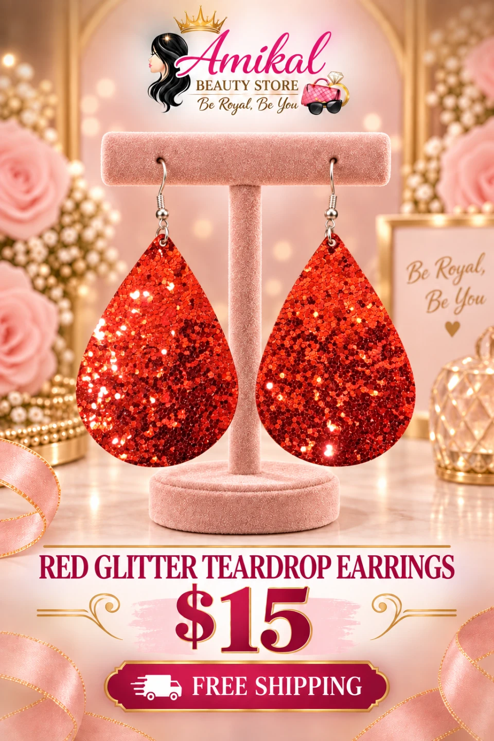 Amikal Beauty Red Glitter Teardrop Earrings