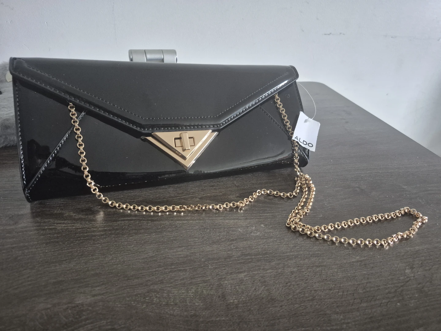 ALDO Black Patent Clutch with Gold Chain