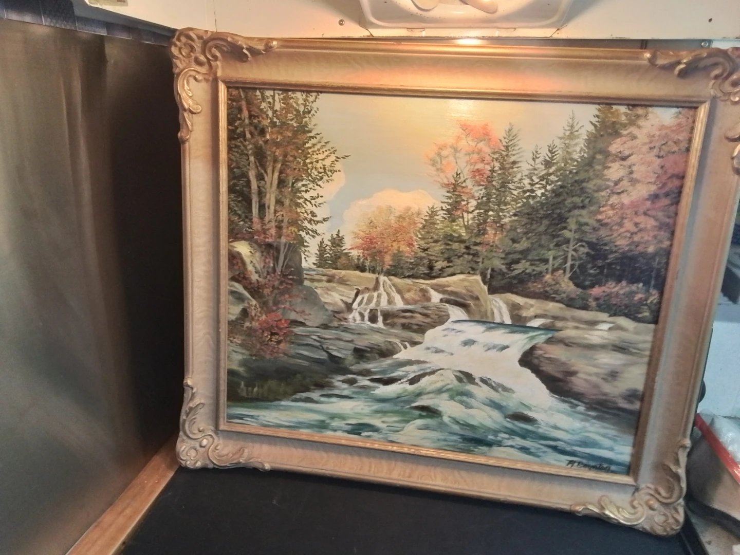 Vintage Mid-Century Waterfall Oil Painting by H. Boynton