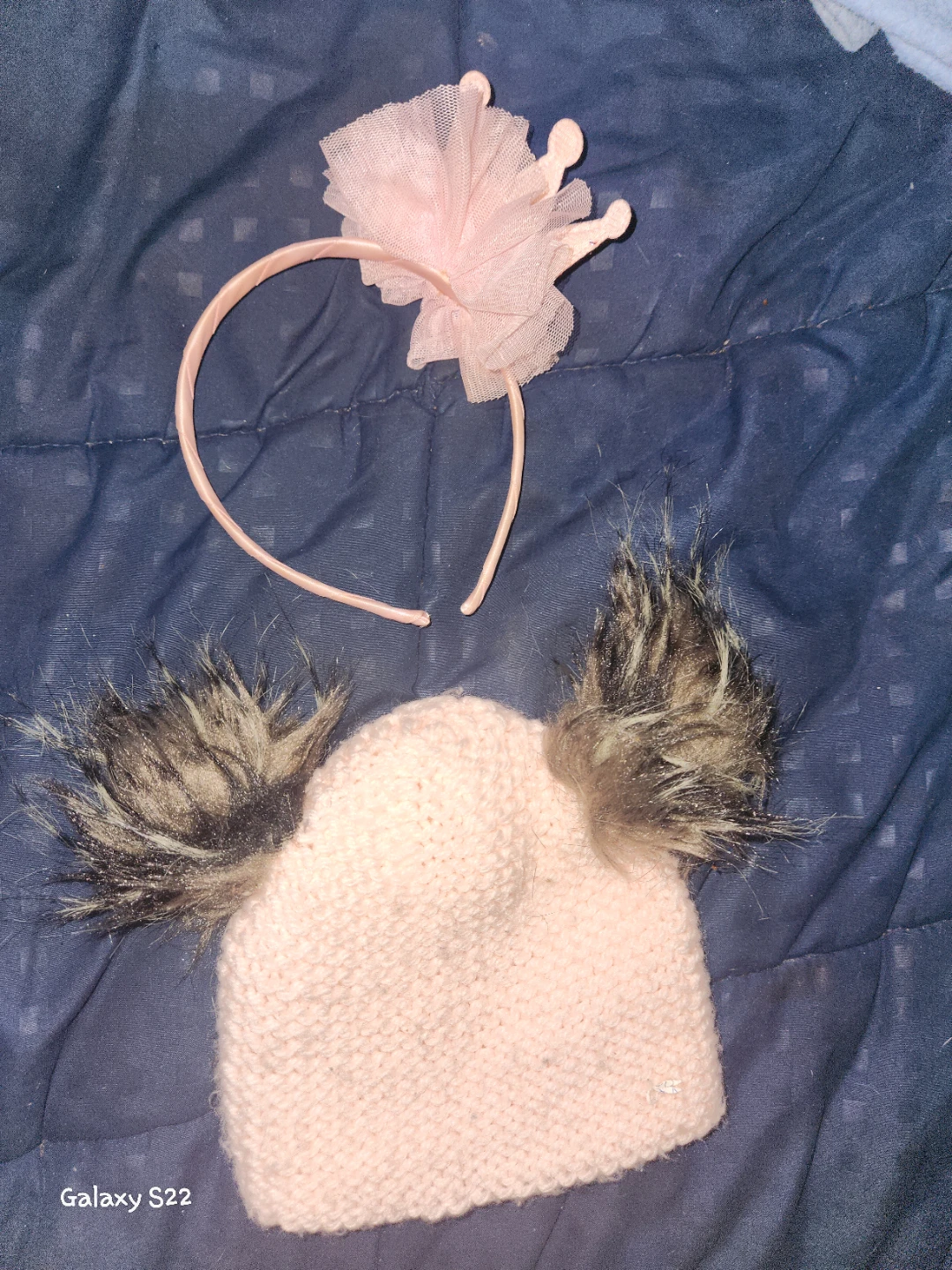 Pink Beanie with Faux Fur Pom Poms and Tiara Headband
