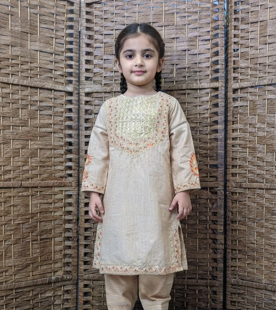 Girls beige embroidered traditional suit set - photo 2