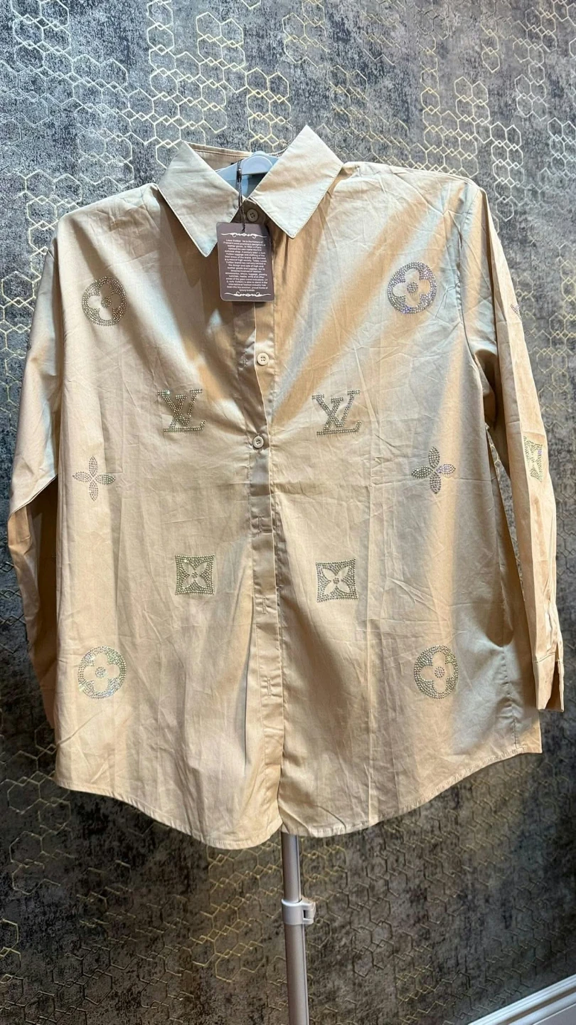 Beige Button-Up Shirt with Rhinestone Detail