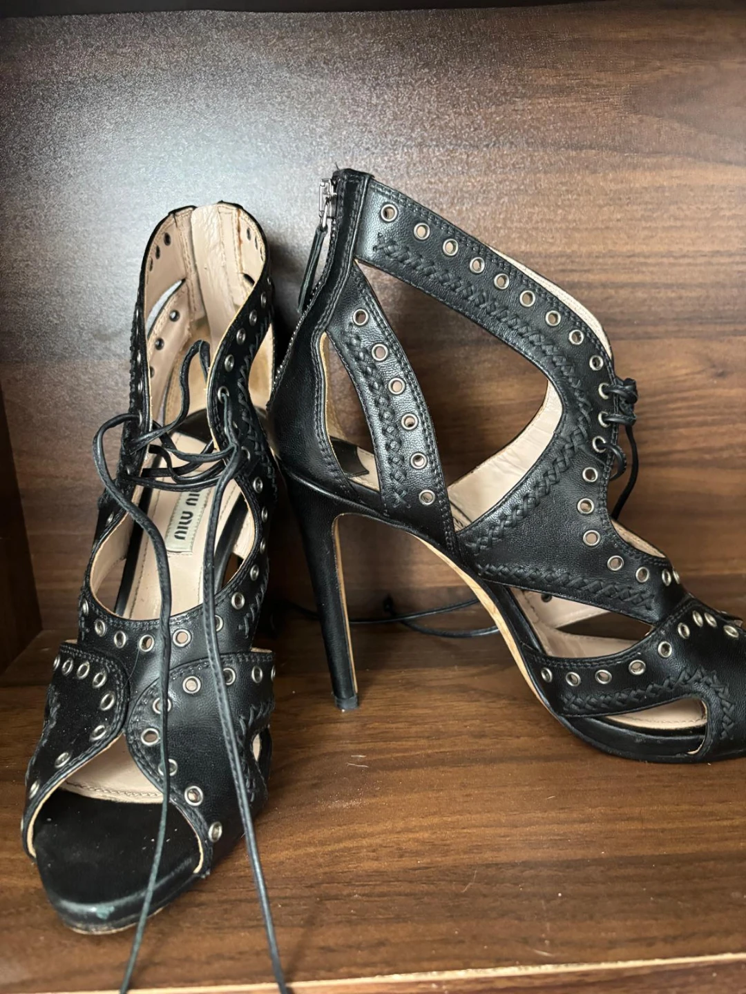 Miu Miu Black Leather Grommet Lace-Up Cage Heels – Size 37.5