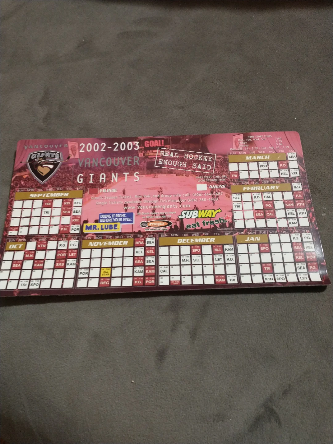 WHL Vancouver Giants 2002-2003 Magnetic Schedule