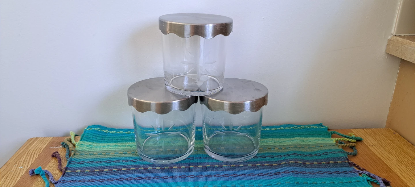 Set of 3 Etched Glass Canisters with Metal Lids