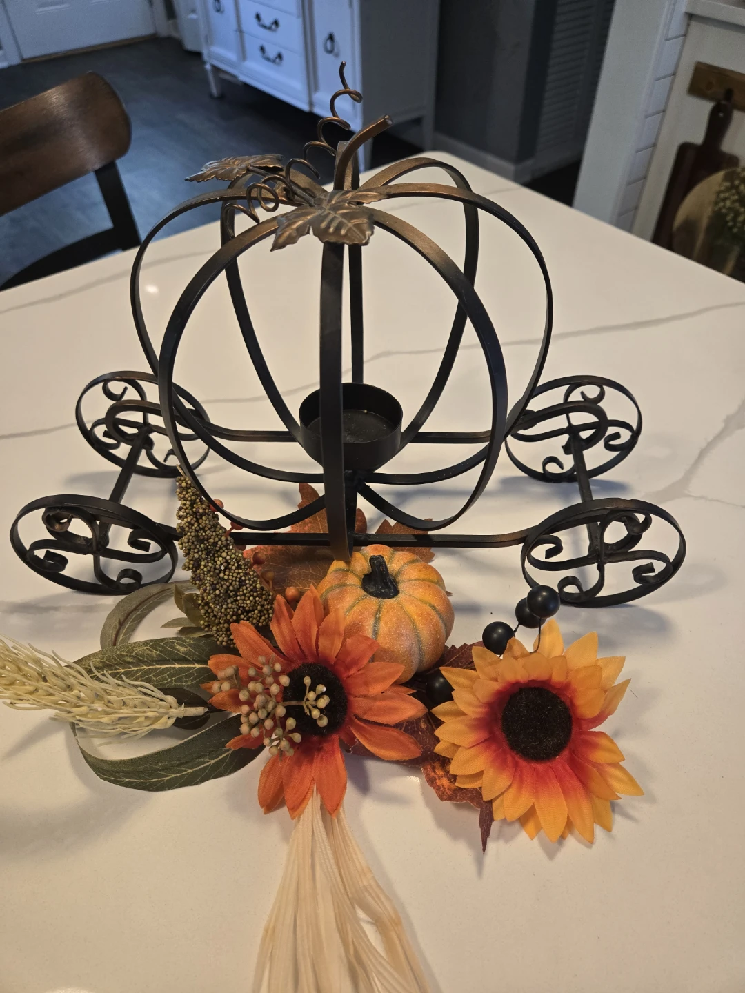 Metal Pumpkin Carriage Tealight Holder with Fall Accents