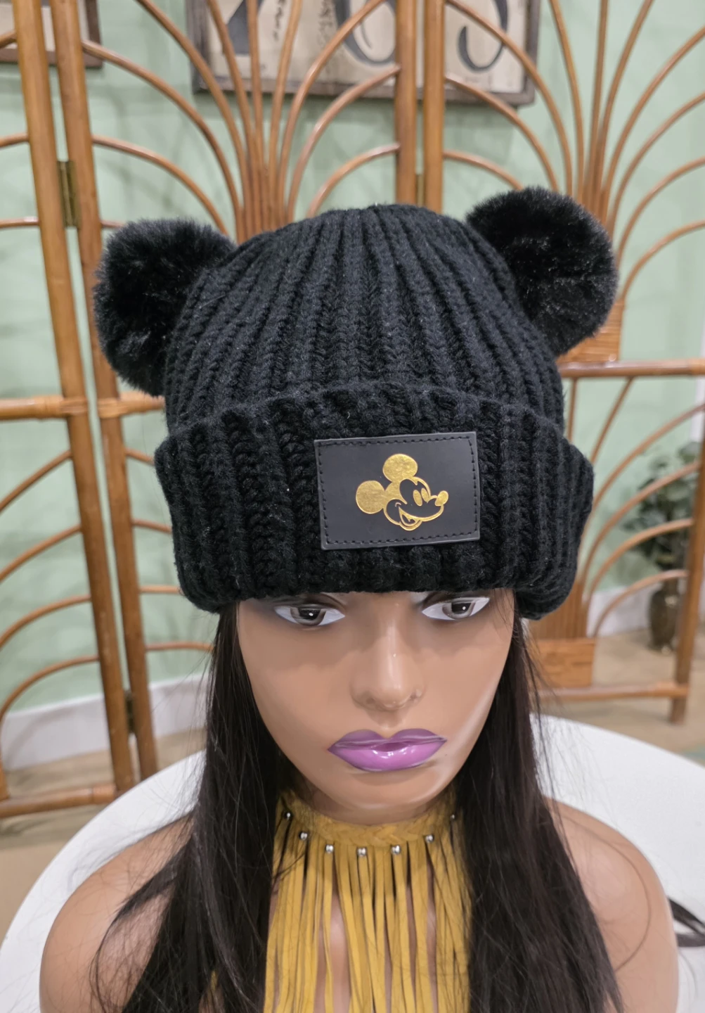 Black Mickey Mouse Pom Pom Beanie Hat