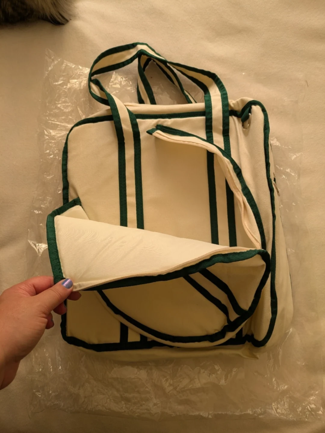 Cream and Green Striped Canvas Tote Racket Bag - photo 2