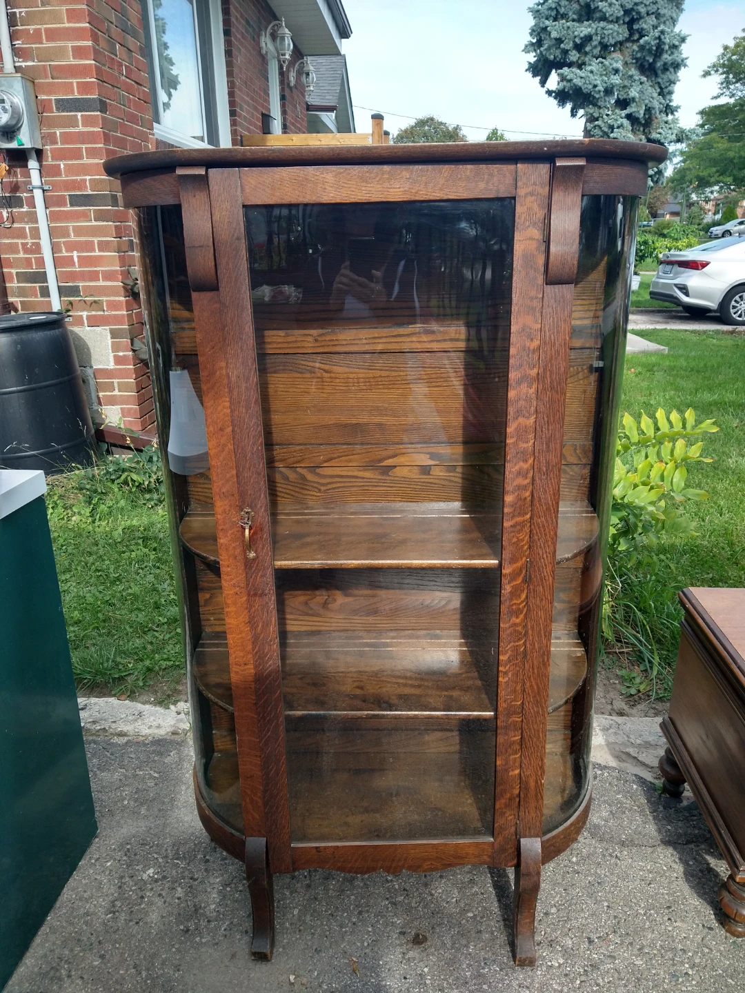 Vintage Curved Glass Oak Curio Cabinet
