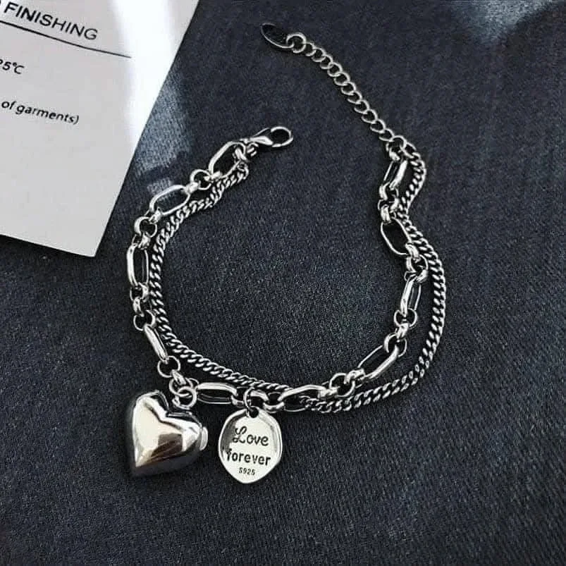 S925 Silver Heart Love Forever Layered Bracelet