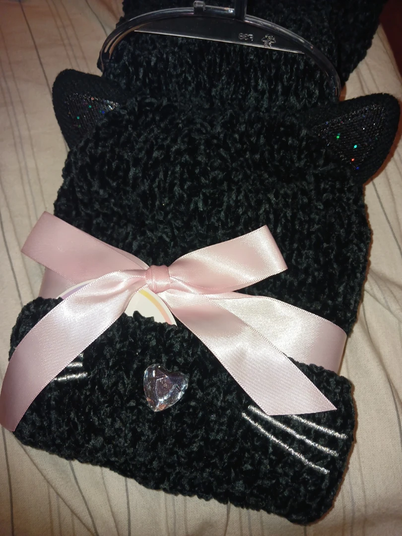NEW 3 pc Black cat kitten girls winter hat scarf gloves set 🥕 - photo 3