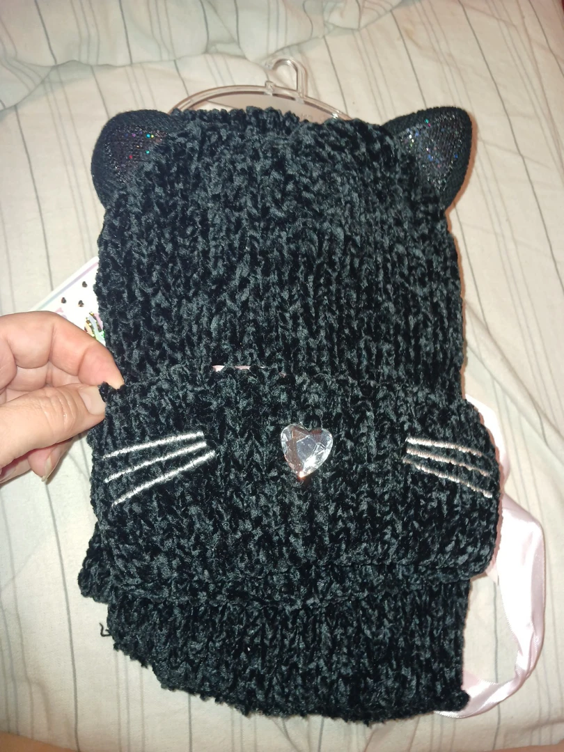 NEW 3 pc Black cat kitten girls winter hat scarf gloves set 🥕