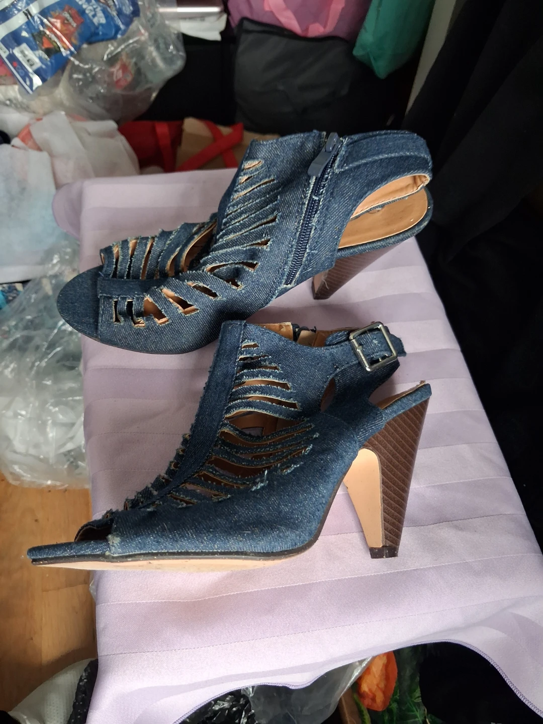 Denim Cut-Out Heeled Sandals - photo 3