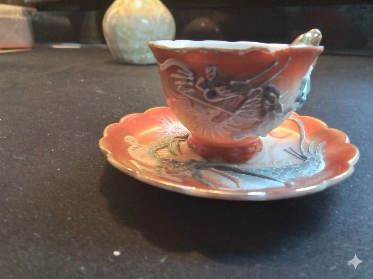 Vintage Japanese Moriage Dragonware Teacup & Saucer Set