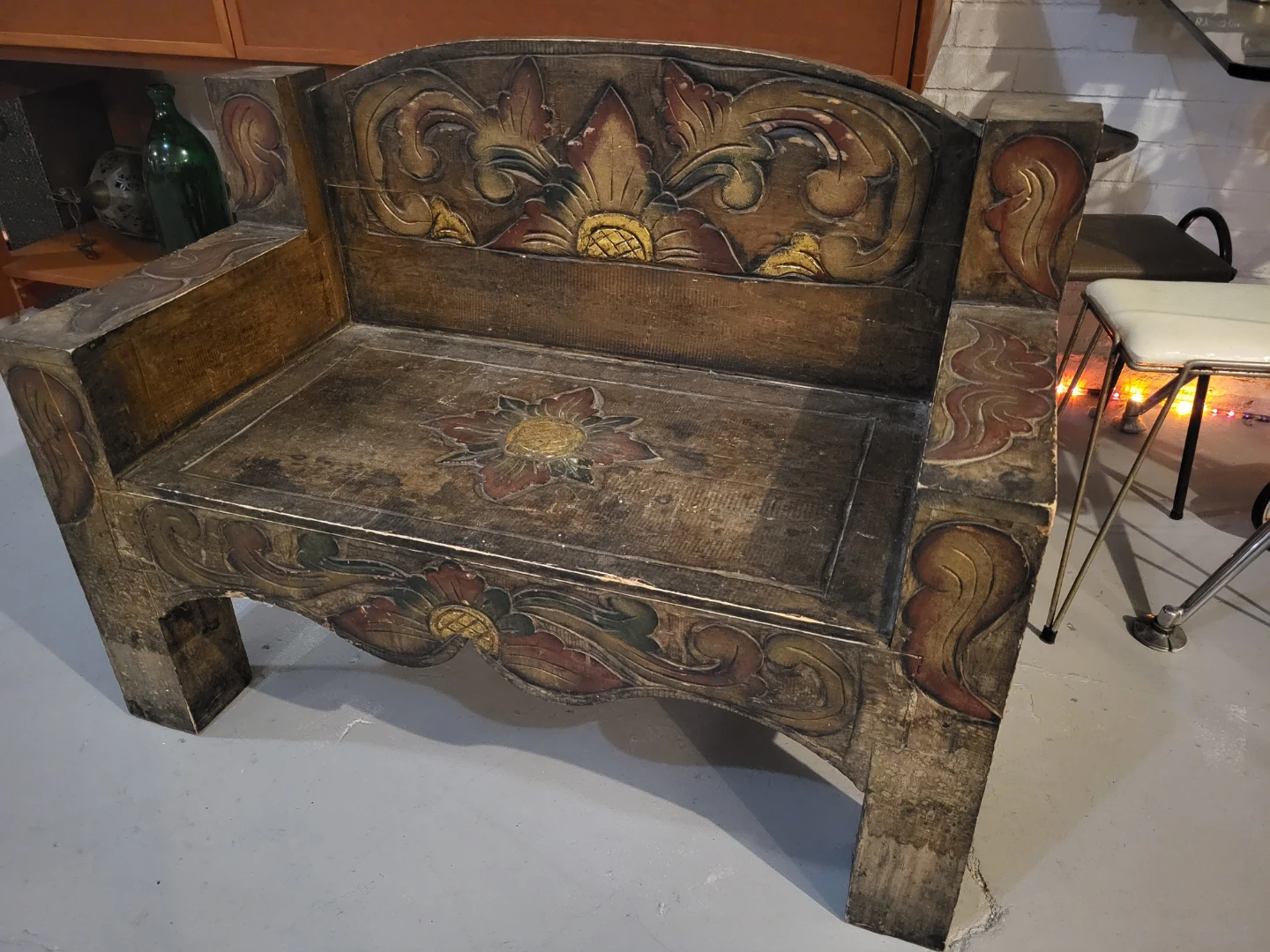 Vintage Hand-Carved Wooden Bench