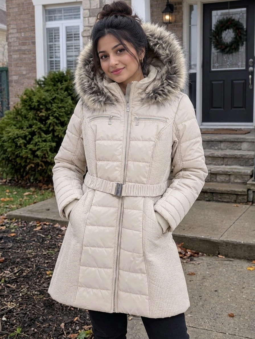 Cream Puffer Coat with Faux Fur Hood
