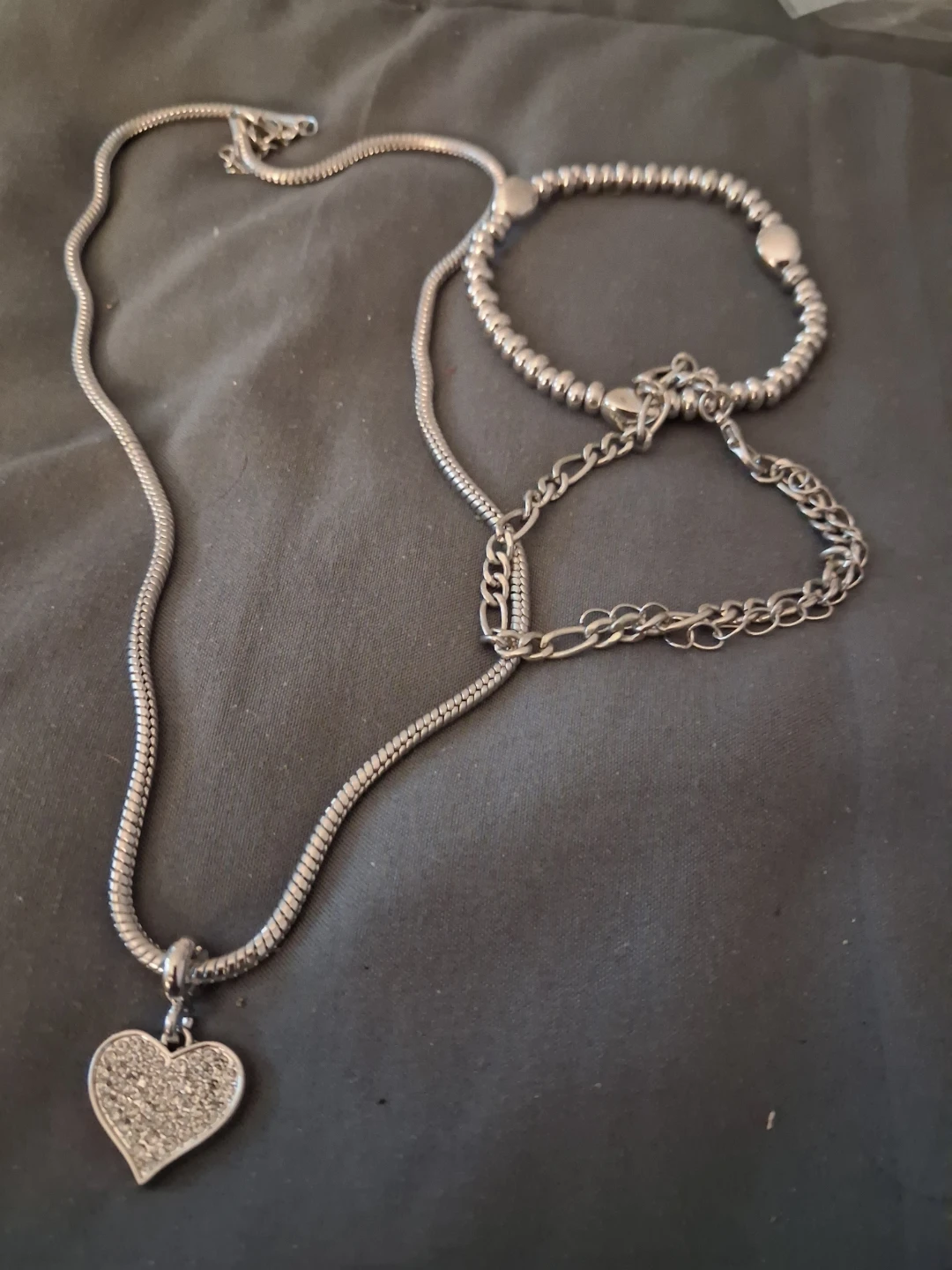 Silver Tone Heart Necklace and Bracelet Set