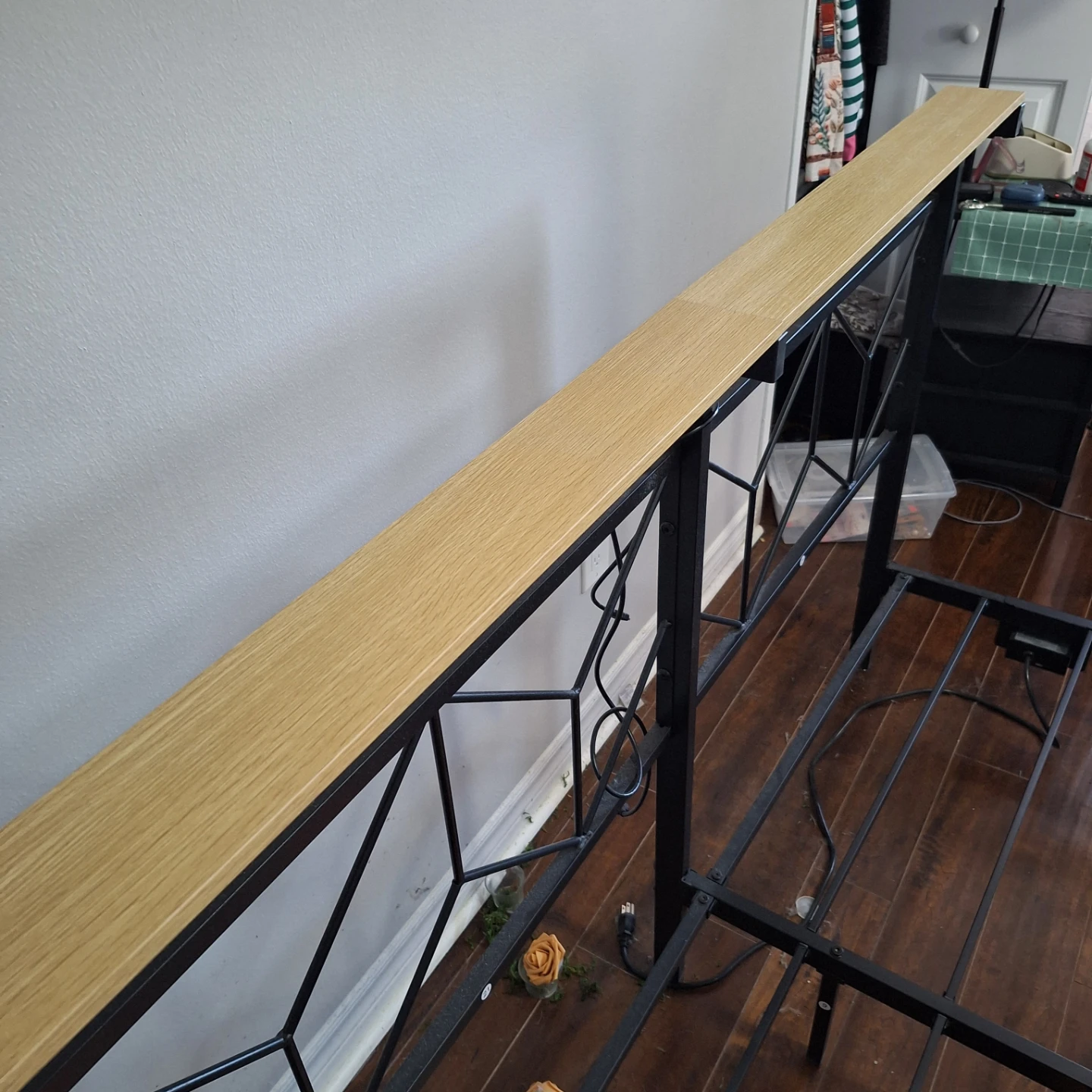 Metal Queen Bed Frame with Wood Shelf Headboard - photo 3