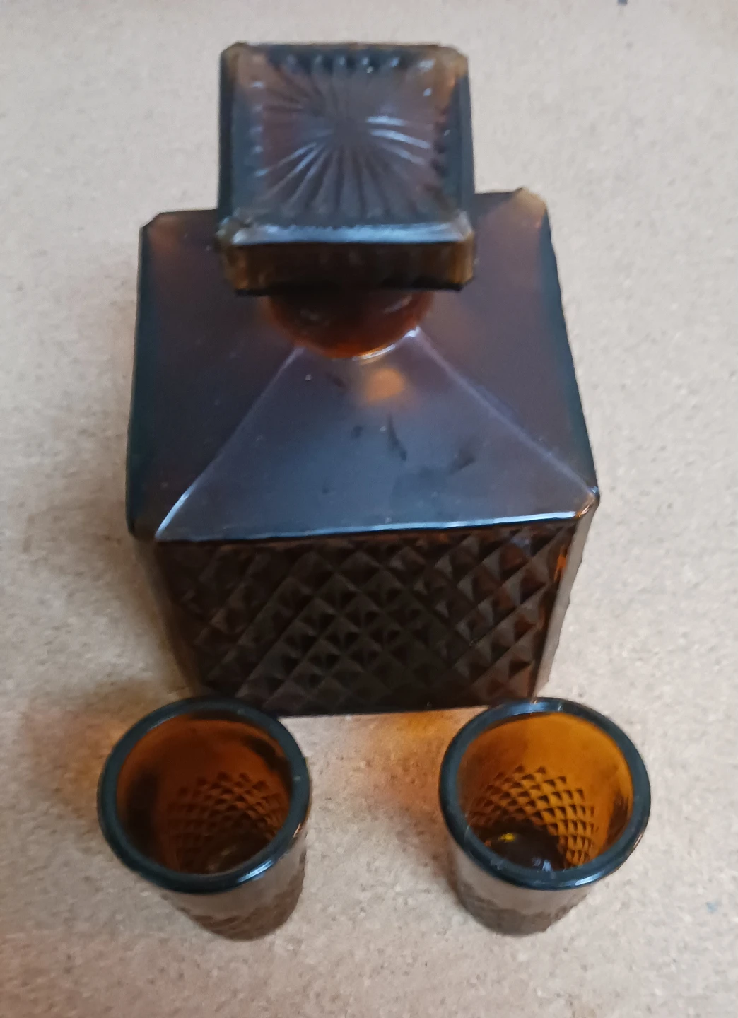 Vintage Dark Amber Glass Decanter Set