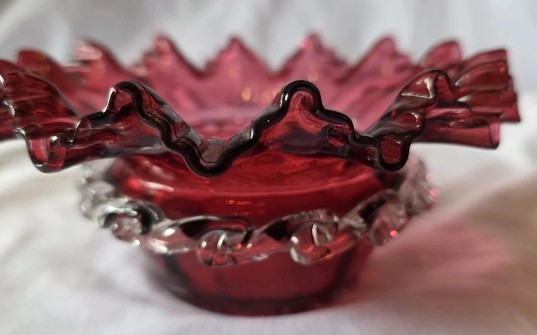 Vintage Ruby Red Crimped Glass Bowl