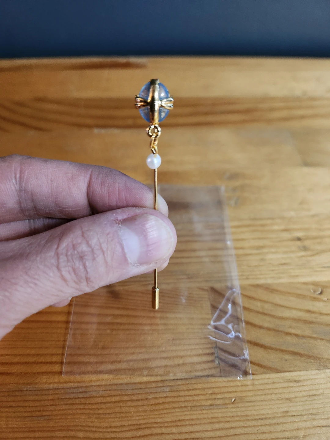 Vintage Gold Tone Stick Pin with Blue Topaz and Faux Pearl - photo 2