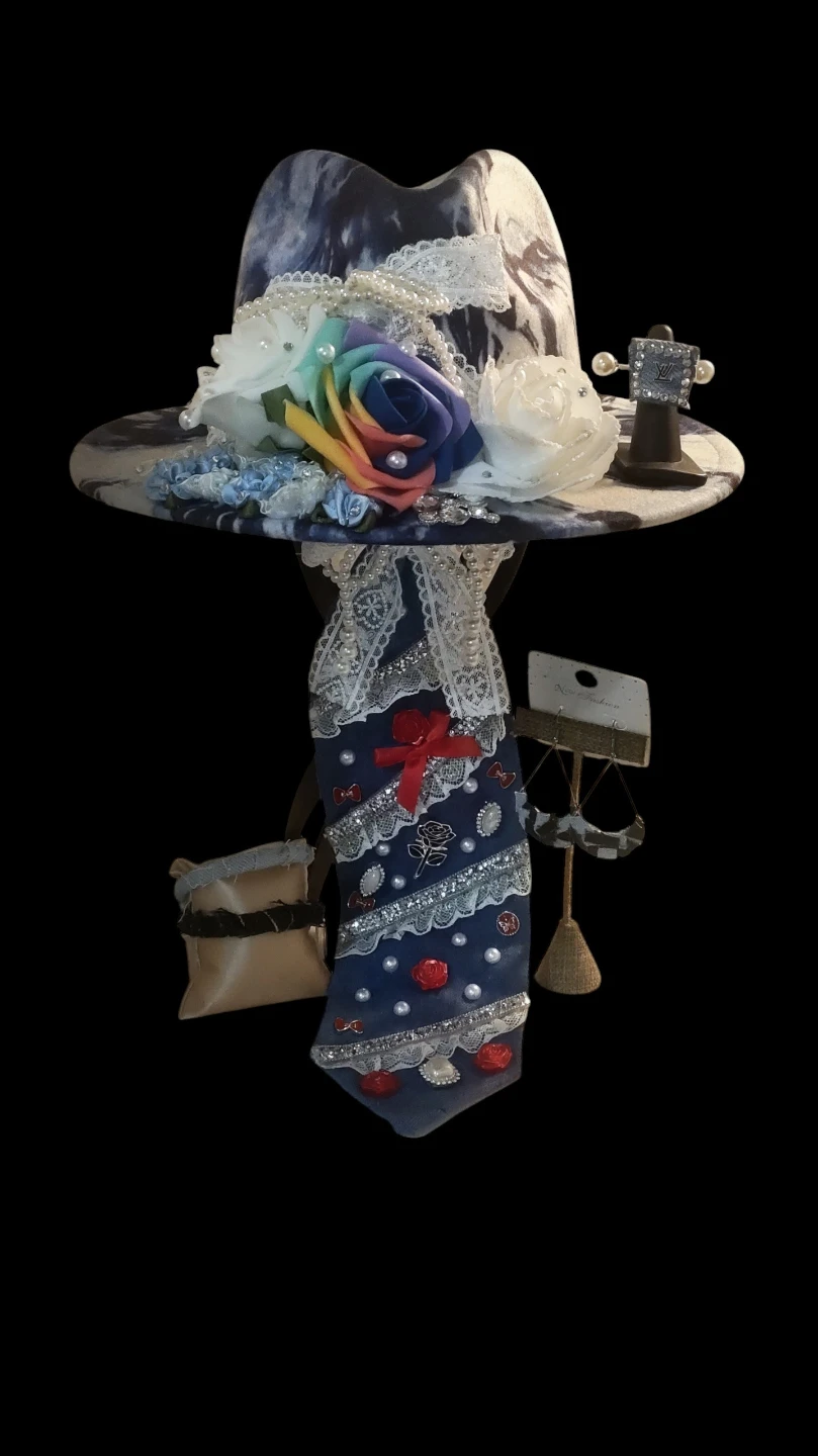 🏈Custom Denim Embellished Fedora and Tie Set 5 piece - photo 2