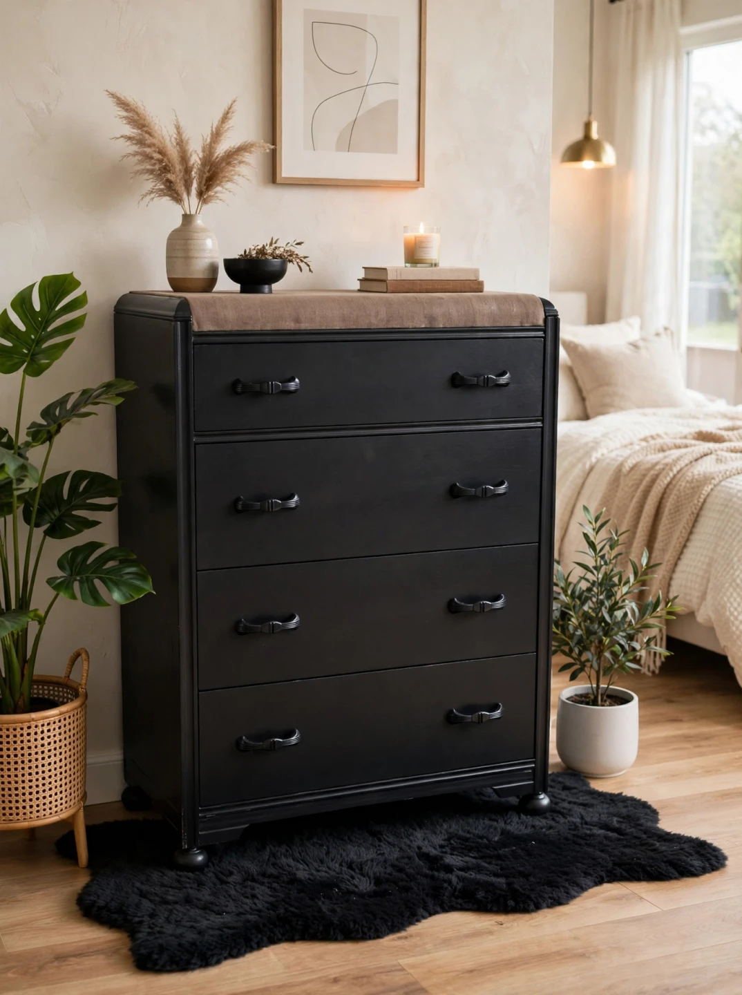 Black Four-Drawer Dresser with Padded Top