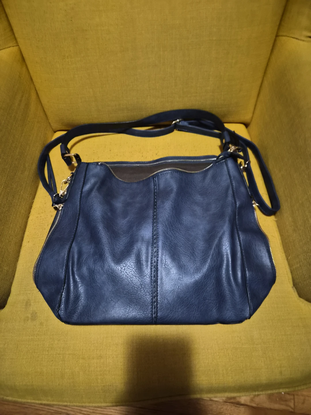 Navy Blue Faux Leather Shoulder Bag