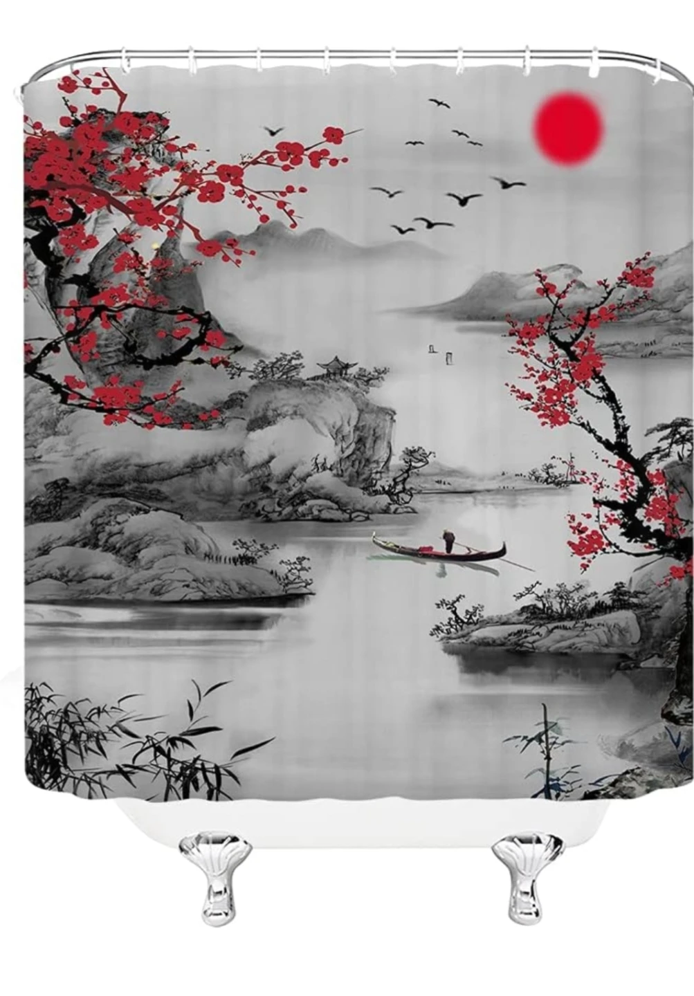 Japanese Cherry Blossom Landscape Shower Curtain with Hooks - photo 5