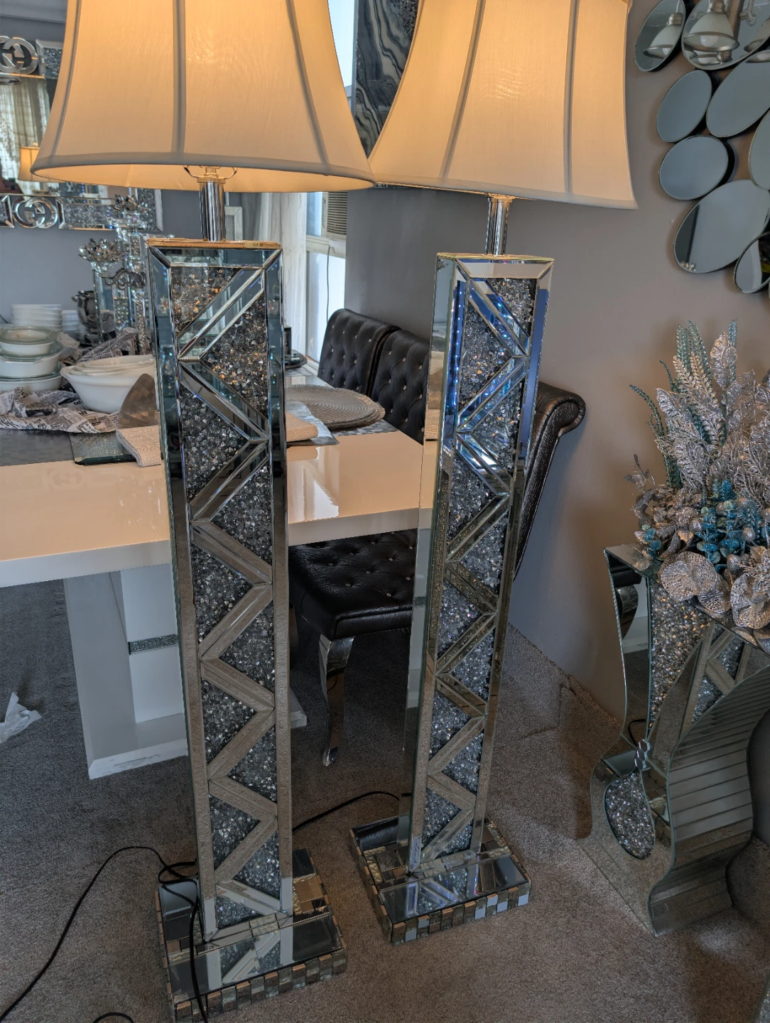 Set of Two Mirrored Crystal Floor Lamps