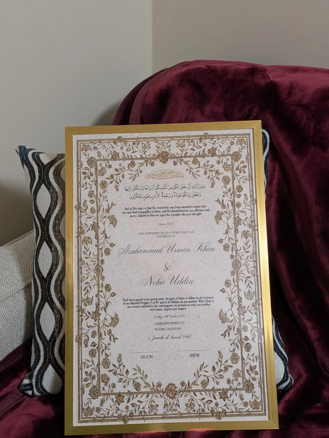 Nush Custom Islamic Marriage Certificate Frame 11 by 17 inches - photo 4