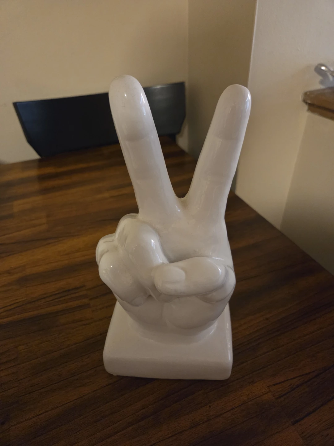 White Ceramic Peace Sign Hand Statue