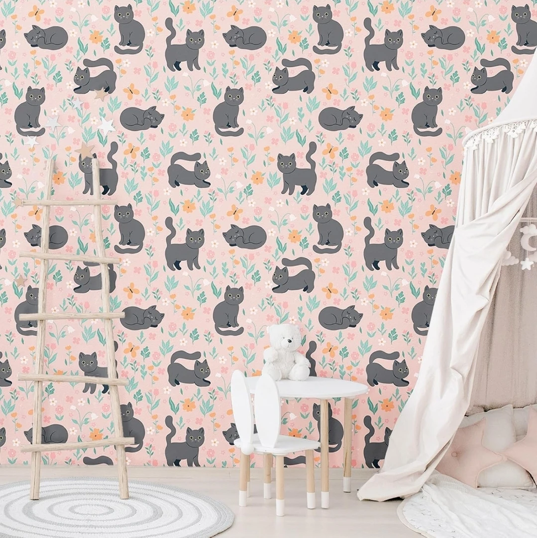 WESTICK Pink Cute Cat Self Adhesive Boho Floral Contact Paper