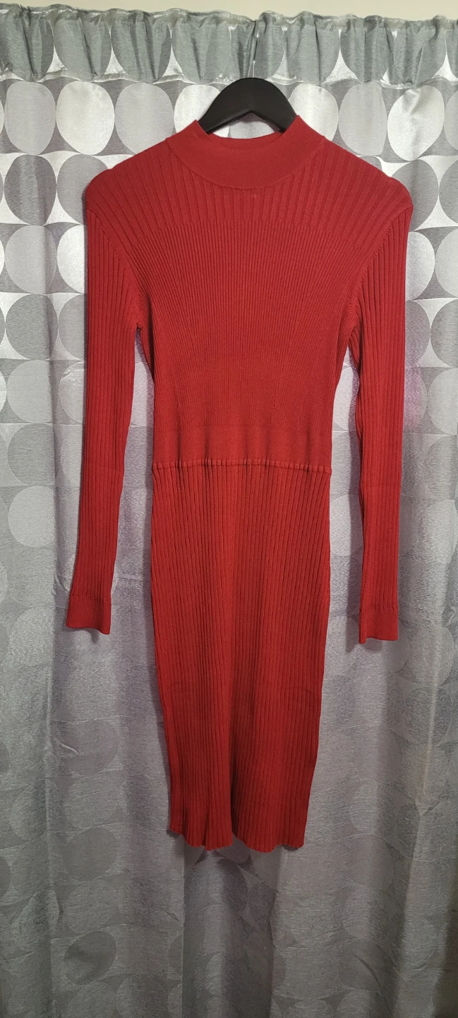 Red ribbed long sleeve mock neck dress - photo 3