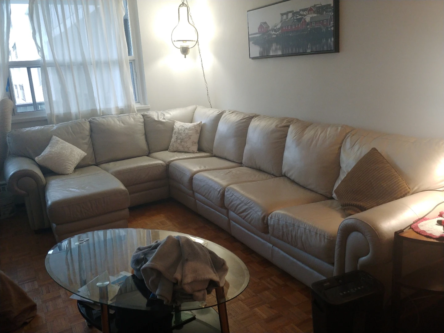 Large Beige Italian leather Sectional Sofa