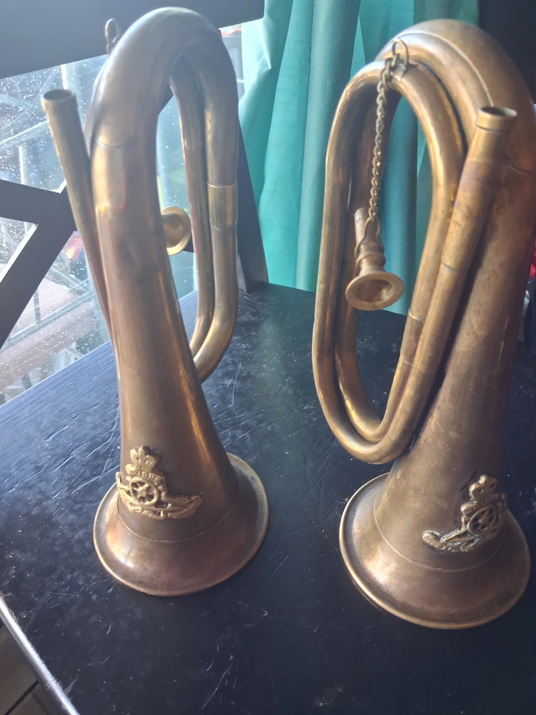 Vintage Brass Bugles with Emblems