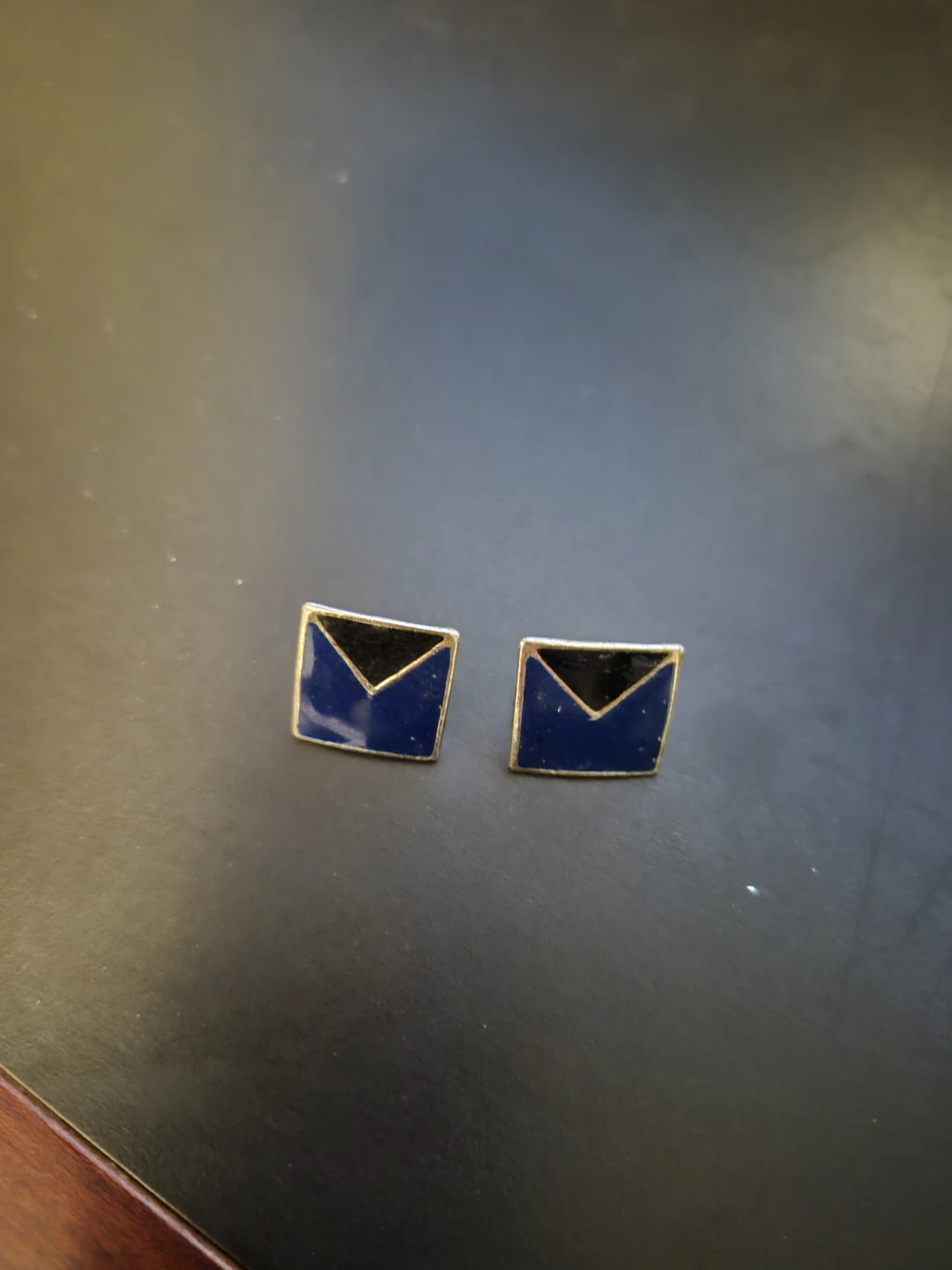 Square blue and black enamel stud earrings