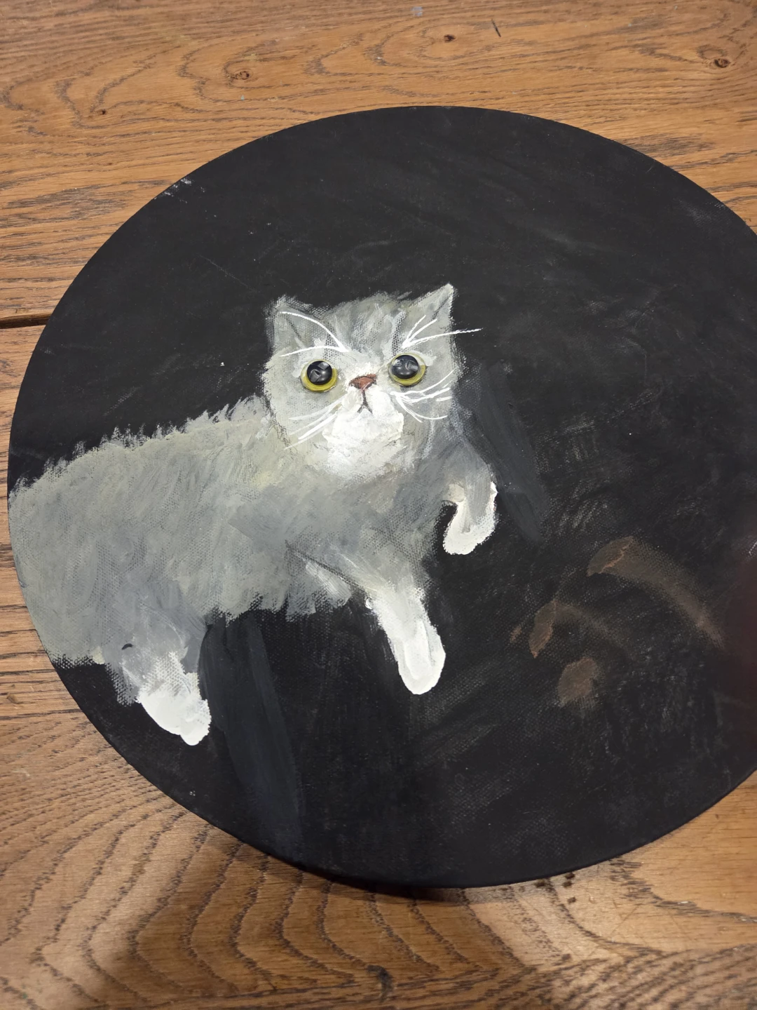 Original Cat Painting on Round Canvas